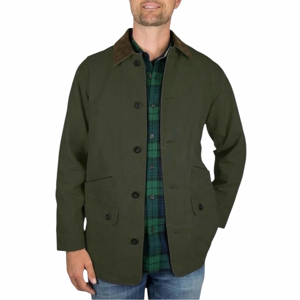 Orvis Men's Cotton Canvas Barn Coat Chore Coat Olive and Brown Corduroy Accents